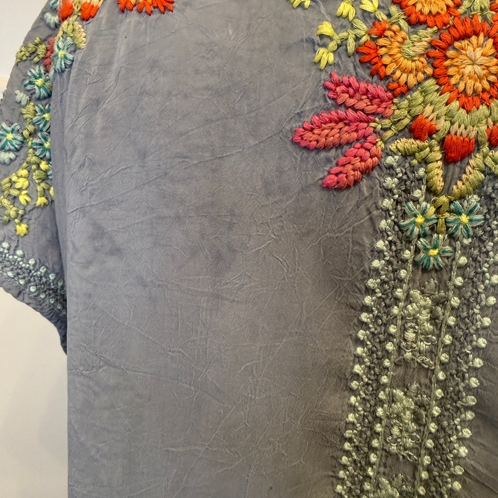 Johnny Was Lavender Embroidered Floral Mini Dress with Orange and Yellow Accents - Picture 10 of 13